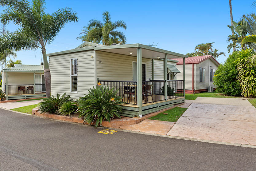 Front view of an Alfresco Cabin at Brisbane Holiday Village