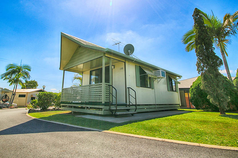 Front outside view of a 1 bedroom long term villa cabin at Brisbane Holiday Village