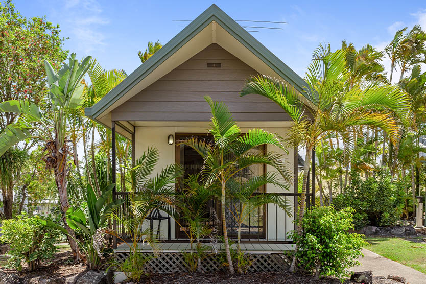 Front, outside view of a 1 bedroom short term villa cabin at Brisbane Holiday Village