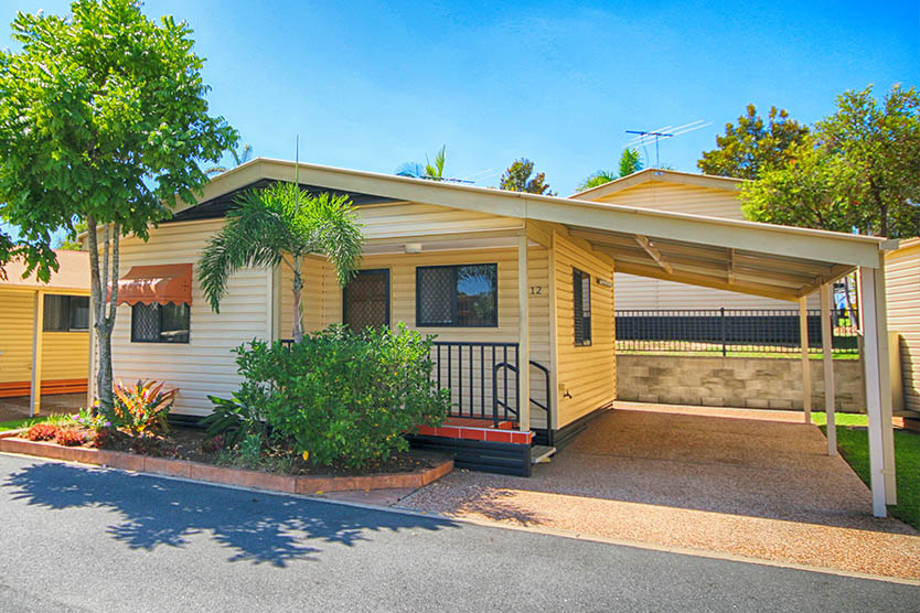 Front, outside view of a 2 bedroom short term corporate worker's cabin