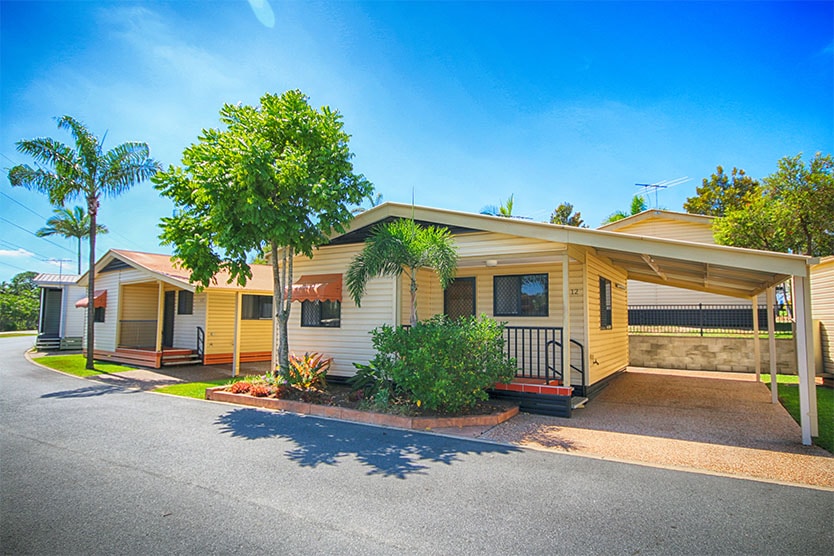 Front, outside view of a 2 bedroom short term cabin at Brisbane Holiday Village