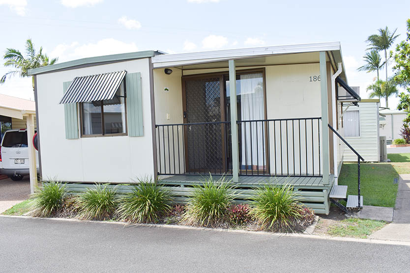 Front, outside view of a 3 bedroom long term villa cabin