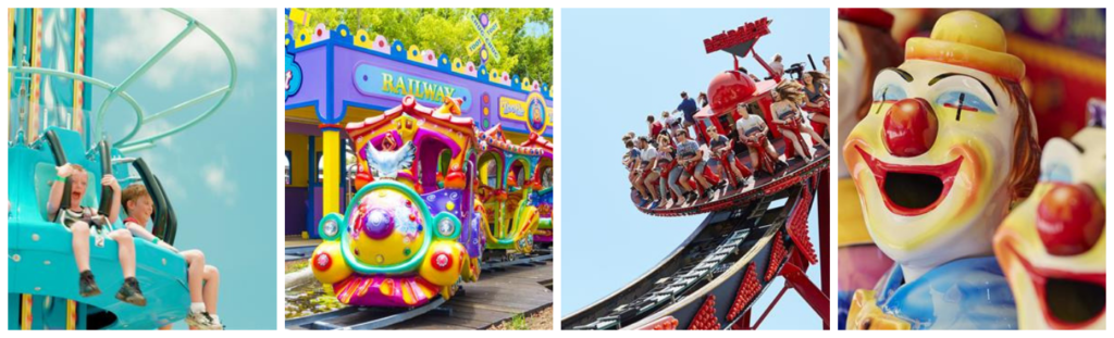 Collage of Images from Aussie World. kid on a roller coaster. train. people on a roller coaster. clown game