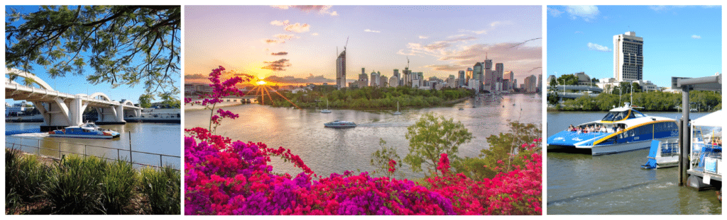 Collage of Riverside City Ferry service. Ferries on the water. Panoramic of Brisbane City from Kangaroo Point