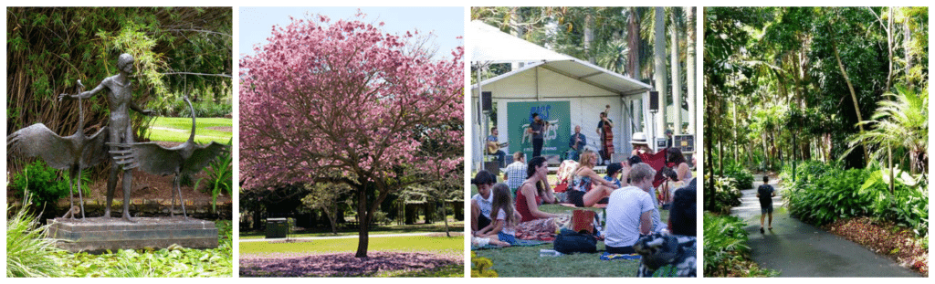 Collage of Images from the City Botanic Gardens. Statue of man with 2 cranes. Pink flowering tree. People enjoying a picnic. people on a walking track through the gardens