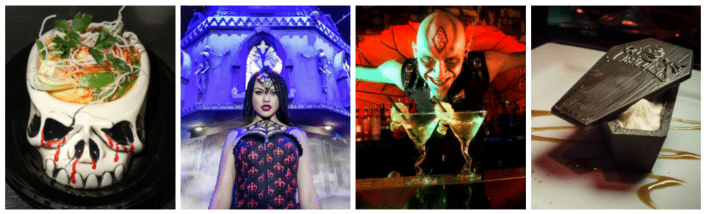 Collage of images from Dracula's Restaurant and Cabaret Show. Laksa, performer, bartender with drinks, chocolate coffin dessert