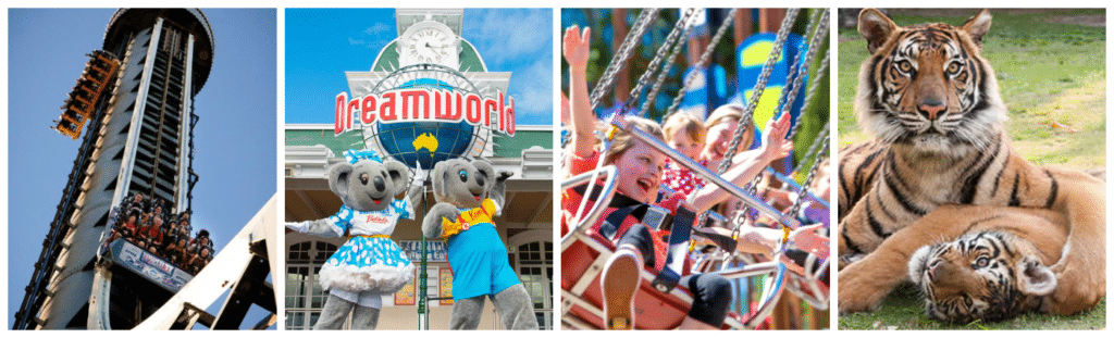 Collage of images from Dreamworld theme park. Tower of Terror, front Dreamworld sign with mascots: Belinda and Kenny Koala. Kids on giant swing. Tigers at Tiger Island
