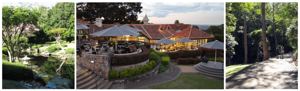 Collage of images from Mt Coot-Tha. Main garden area. Lookout, kiosk and restaurant in the evening. A walking trail