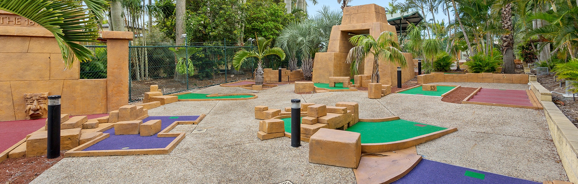 Wide angle view of 18 hole mini golf course at Brisbane Holiday Village