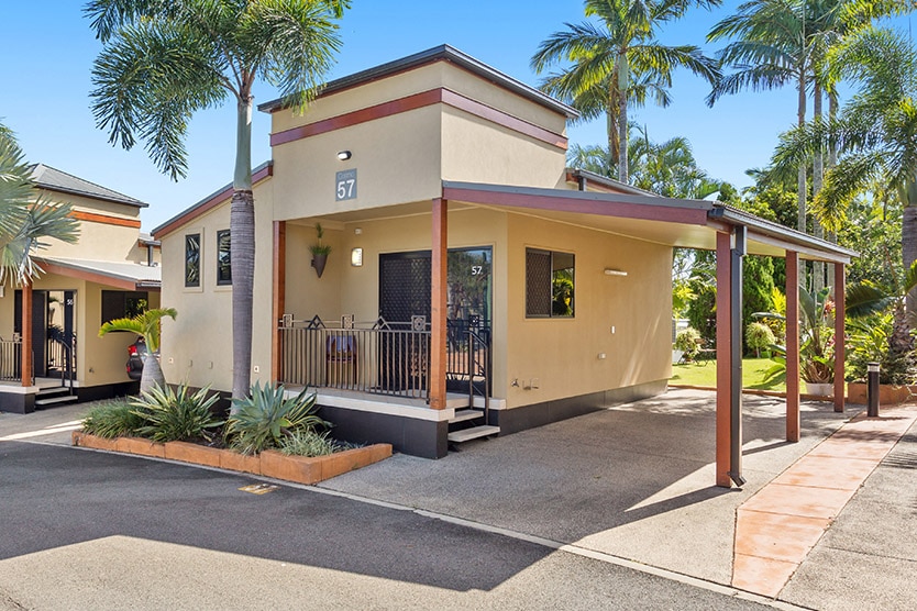 Front view of the outside of a Cosmo Cabin at Brisbane Holiday Village