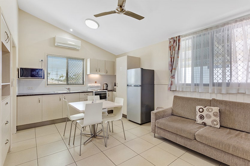 Kitchen and lounge area of a Metro Cabin at Brisbane Holiday Village