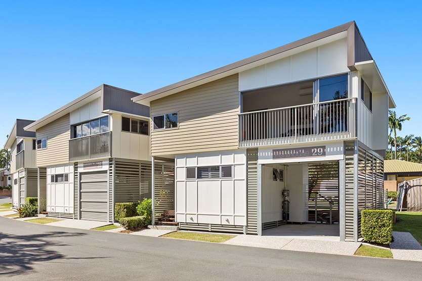 Front outside of the luxury Penthouse Cabin at Brisbane Holiday Village