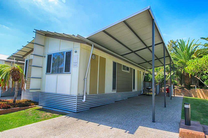 Front view outside of a luxury Vogue Cabin at Brisbane Holiday Village