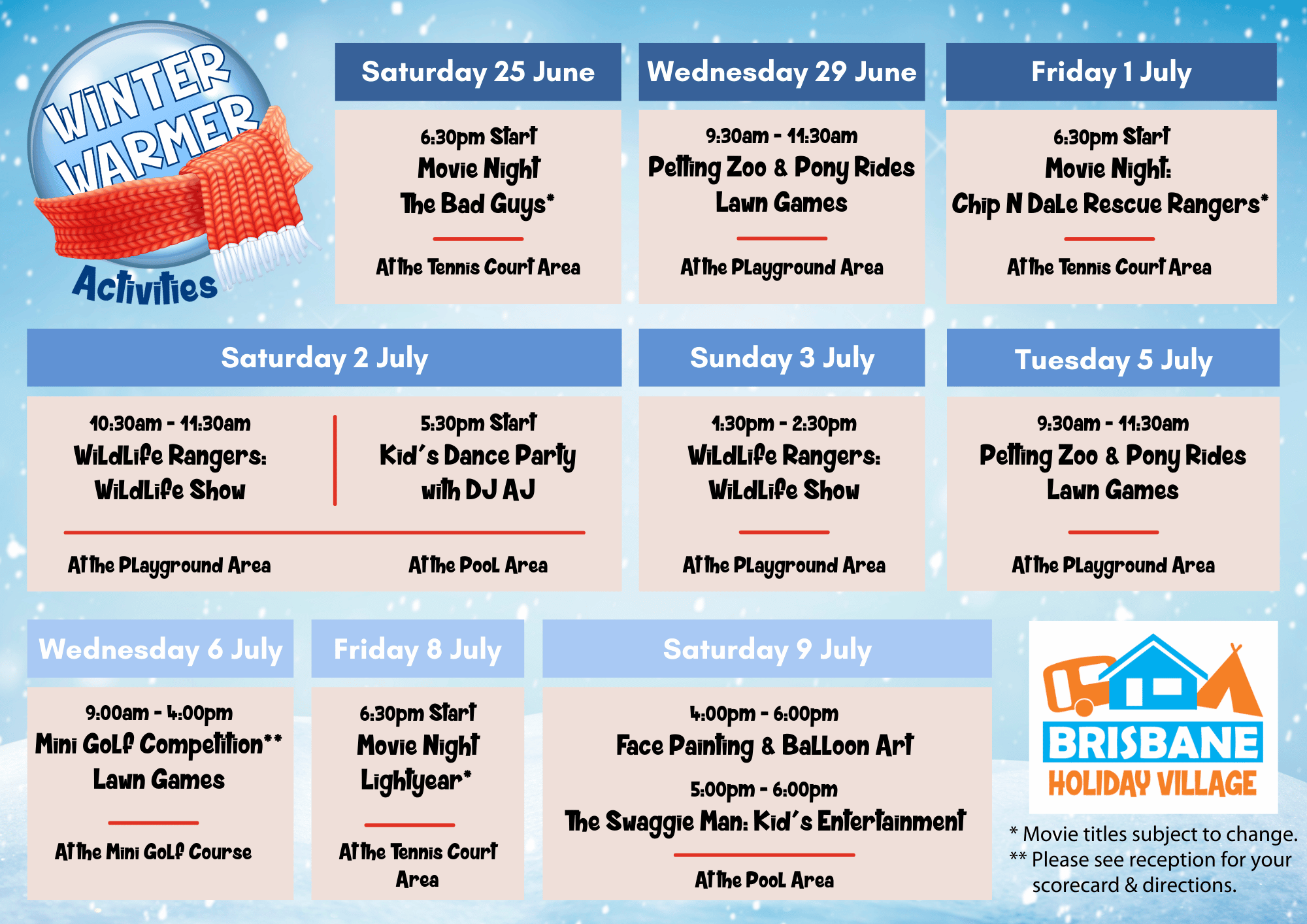 Holiday Activities at Brisbane Holiday Village. Activity calendar for Families and Kids